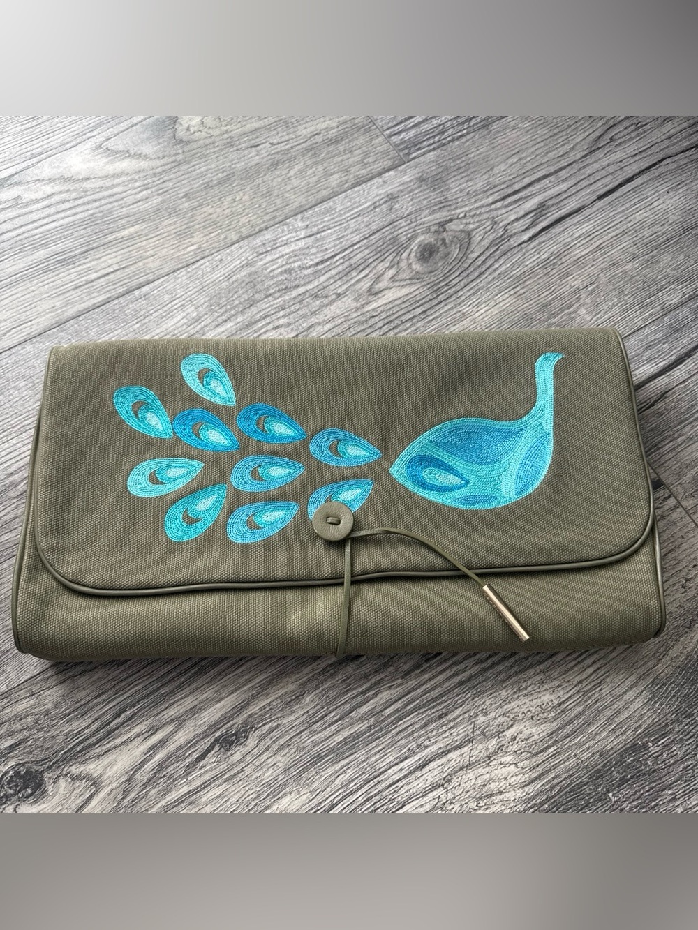 Serena & Lily Olive Green Clutch with Turquoise Peacock Embroidery